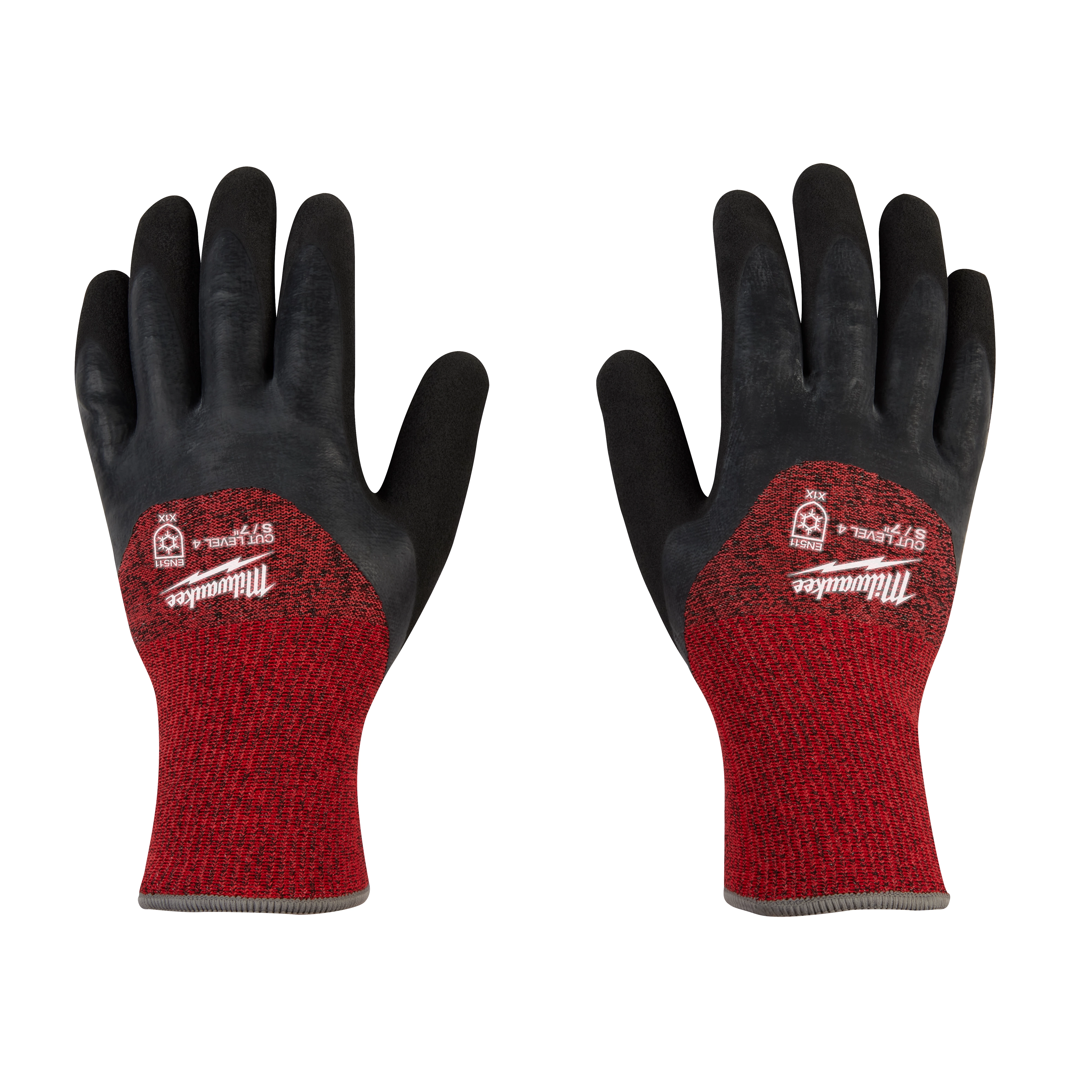 Cut Level 4 Winter Dipped Gloves - S, featuring black palms and fingers, a red knit wrist, and the brand logo on the back.