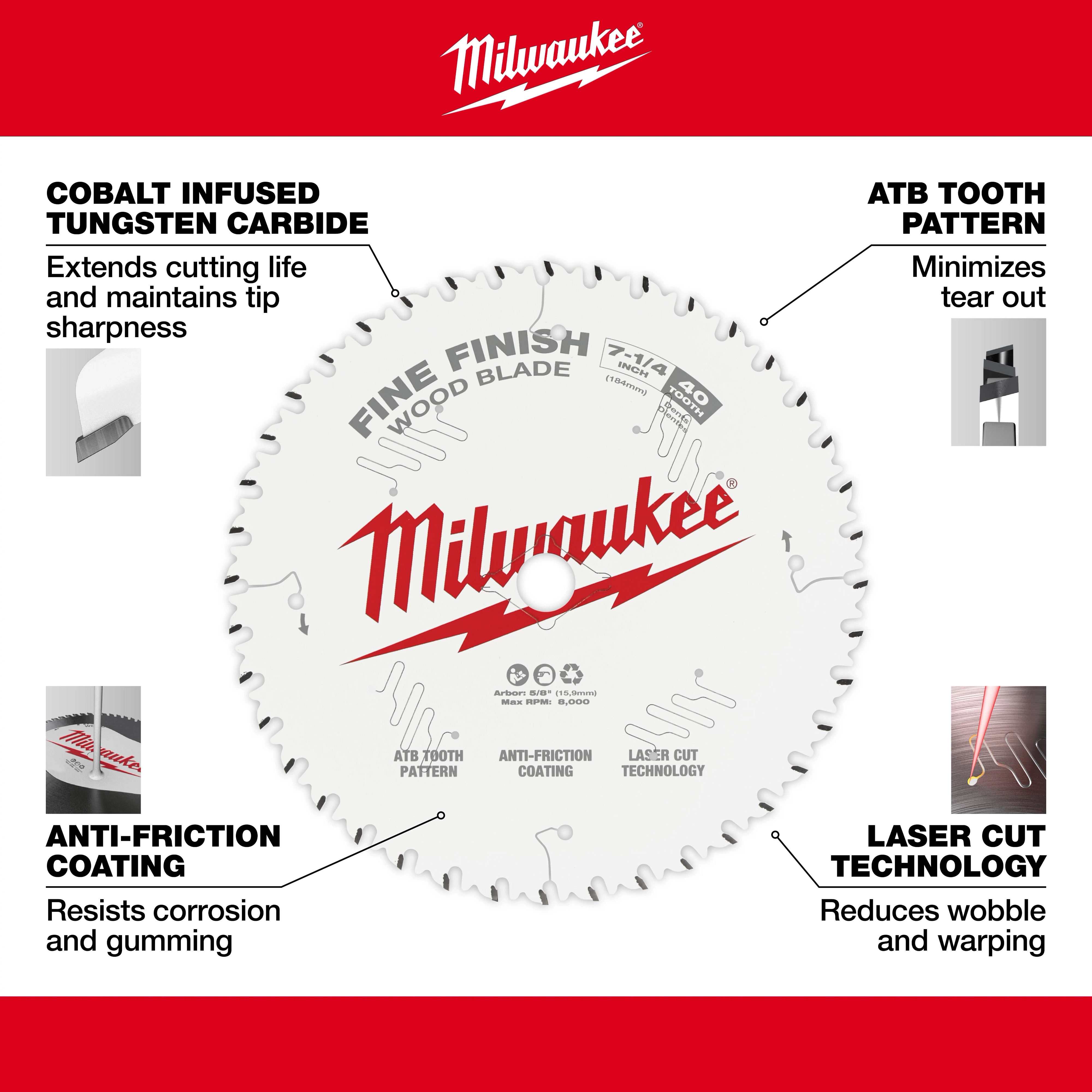 Milwaukee Fine Finish Wood Blade 48-40-0726 features tungsten carbide tips, ATB tooth pattern, anti-friction coating, and laser cut technology.