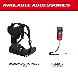 Image of two available accessories for the MX FUEL™ Portable Pump Power Base. On the left is a Backpack Harness (model 1000), and on the right is a Remote (model 48-50-9211). The background is white with "AVAILABLE ACCESSORIES" written in bold red at the top.