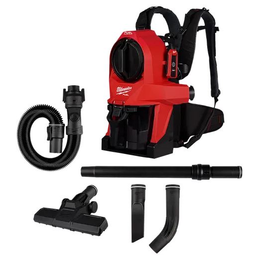 The M18 FUEL™ 3-in-1 Backpack Vacuum features a red backpack-style vacuum unit with black straps, an attached hose, and multiple attachments including a floor nozzle, extension wand, and crevice tools.
