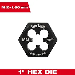 M10-1.50 mm 1-Inch Hex Threading Die, black, six-sided tool for threading, with text "START THIS SIDE" and "10x1.50".