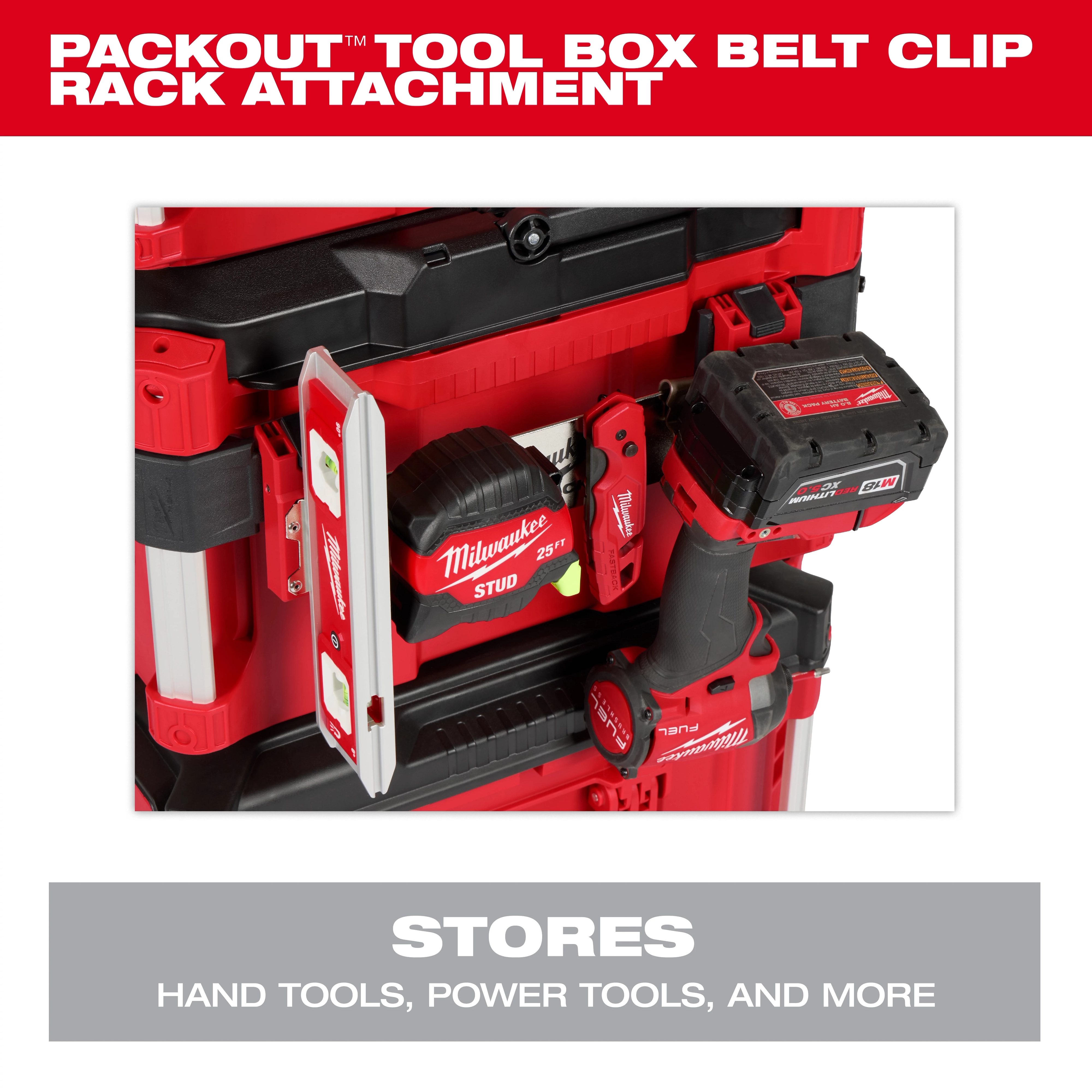 PACKOUT Tool Box Belt Clip Rack Attachment securely holds various tools, including a tape measure, level, and power drill.