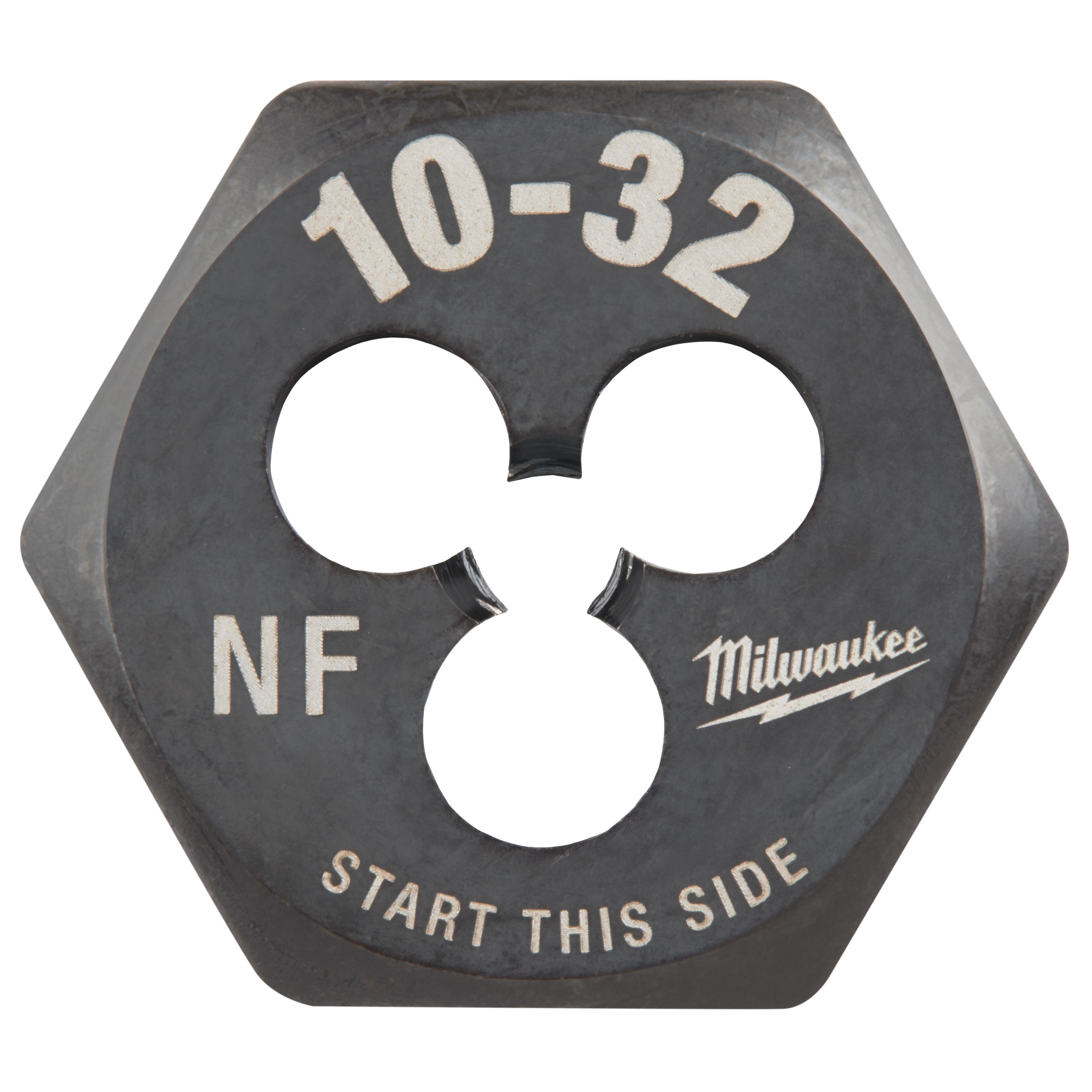 10-32 NF 1-Inch Hex Die, black hexagonal steel tool with three central holes, text "START THIS SIDE," and manufacturer logo.