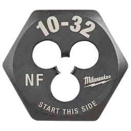 10-32 NF 1-Inch Hex Die, black hexagonal steel tool with three central holes, text "START THIS SIDE," and manufacturer logo.