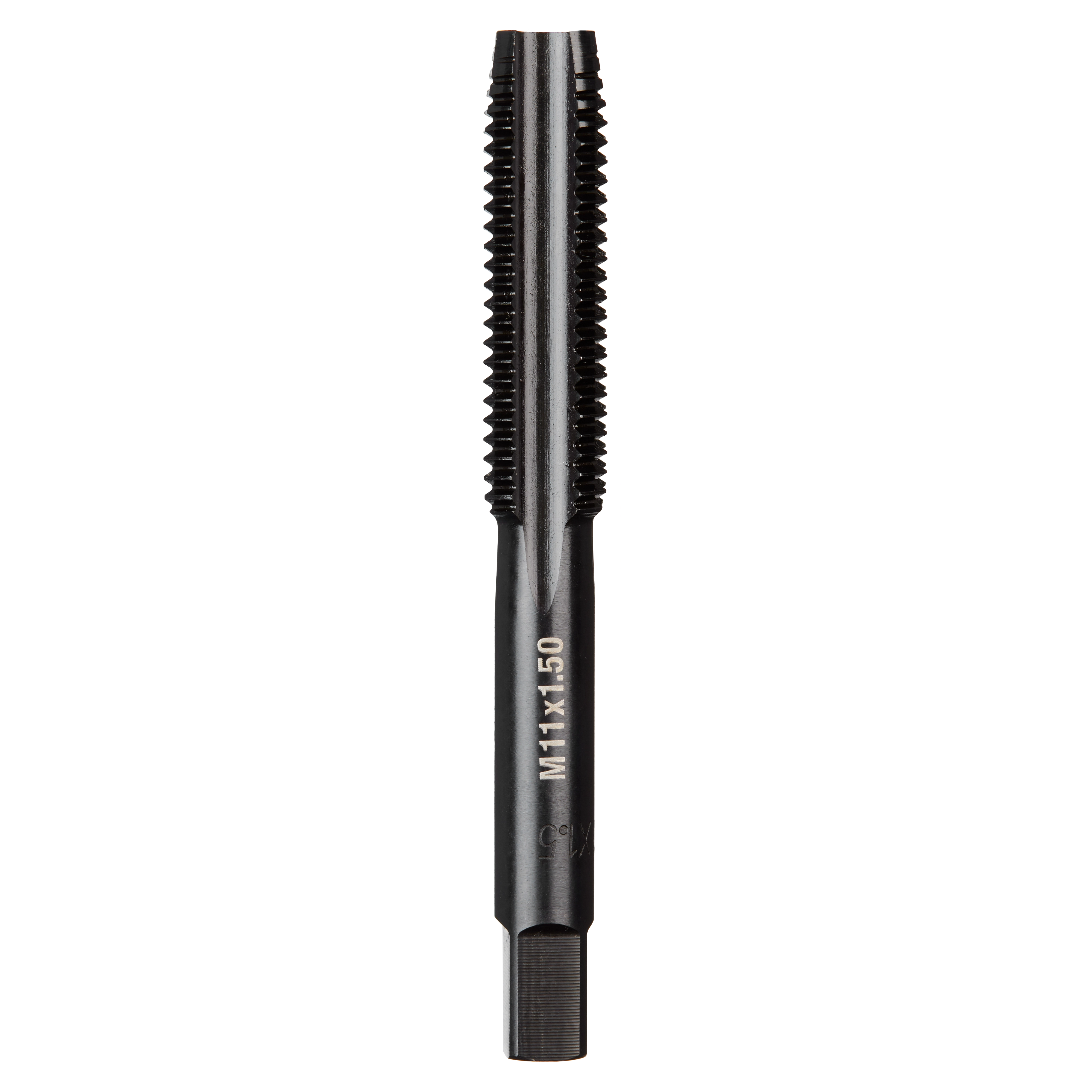 M11-1.50 20mm Straight Flute Plug Tap with a dark metallic finish, cylindrical shape, and threaded cutting edges for tapping holes.
