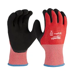 Red and black Cut Level 2 Winter Dipped Gloves - S with blue cuffs, designed for hand protection and cold weather use.
