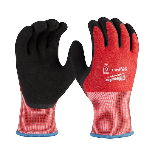 Red and black Cut Level 2 Winter Dipped Gloves - S with blue cuffs, designed for hand protection and cold weather use.