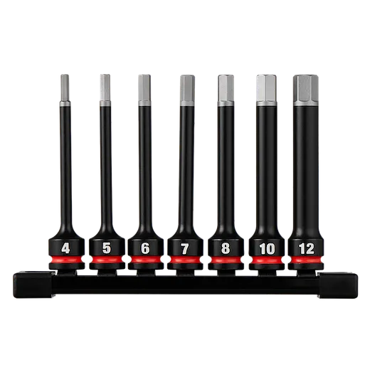 7PC SHOCKWAVE Impact Duty 3/8" Drive 4" Hex Metric Bit Socket Set arranged on a black holder.
