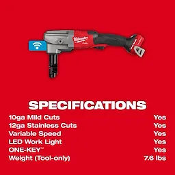 Image of a red and black M18 FUEL™ 10 Gauge Nibbler on a red background with specifications listed including 10ga mild cuts, 12ga stainless cuts, variable speed, LED work light, ONE-KEY™, and a weight of 7.6 lbs.