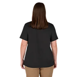 Rear view of a person wearing the Women's GRIDIRON™ Pocket T-Shirt - Short Sleeve Black. The T-shirt is plain black with short sleeves and a relaxed fit. The individual is also wearing tan pants.