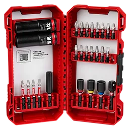 A red tool organizer case is open, displaying a variety of drill and screwdriver bits along with two socket adapters labeled 1/2 and 9/16. The case has labeled slots for easy organization and a label indicating it fits in Packout Organizers.