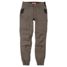 The image shows a pair of Women's GRIDIRON™ Double Knee Jogger Pants in brown. The pants feature reinforced knees, multiple pockets, and an elasticized waistband and cuffs. They are designed for durability and utility.