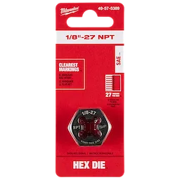 1/8"-27 NPT 1-Inch Hex Threading Die in red packaging, featuring clear markings, and threading information with 27 threads per inch.
