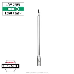 1/4" Drive T20 Long TORX Bit Socket with a Lifetime Guarantee. Silver long-reach socket designed for precise TORX screw insertion.