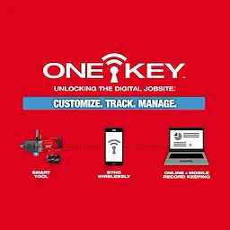 Promotional image for M18 FUEL™ 1" D-Handle High Torque Impact Wrench w/ ONE-KEY™. Features include a red electric impact wrench, a smartphone displaying wireless syncing, and a laptop for online and mobile record keeping. The background is red with the text "ONE-KEY™ Unlocking the Digital Jobsite" and "Customize. Track. Manage."