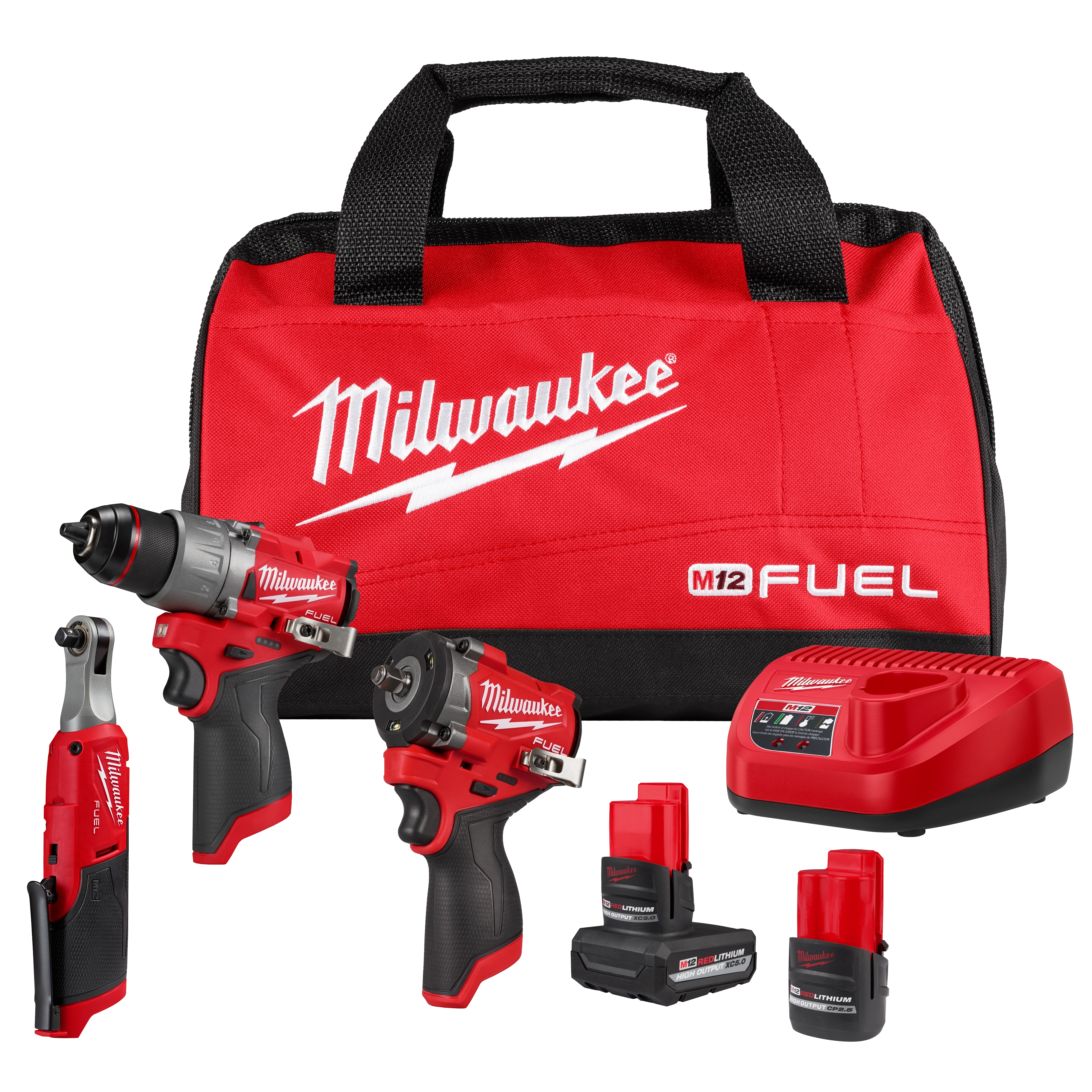 The image shows the Milwaukee M12™ 3-Tool Combo Kit. It includes a cordless drill, an impact driver, and a ratchet, along with two batteries, a charger, and a red carrying case labeled "Milwaukee M12 Fuel." All items are arranged in front of the carrying case.