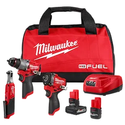 The image shows the Milwaukee M12™ 3-Tool Combo Kit. It includes a cordless drill, an impact driver, and a ratchet, along with two batteries, a charger, and a red carrying case labeled "Milwaukee M12 Fuel." All items are arranged in front of the carrying case.