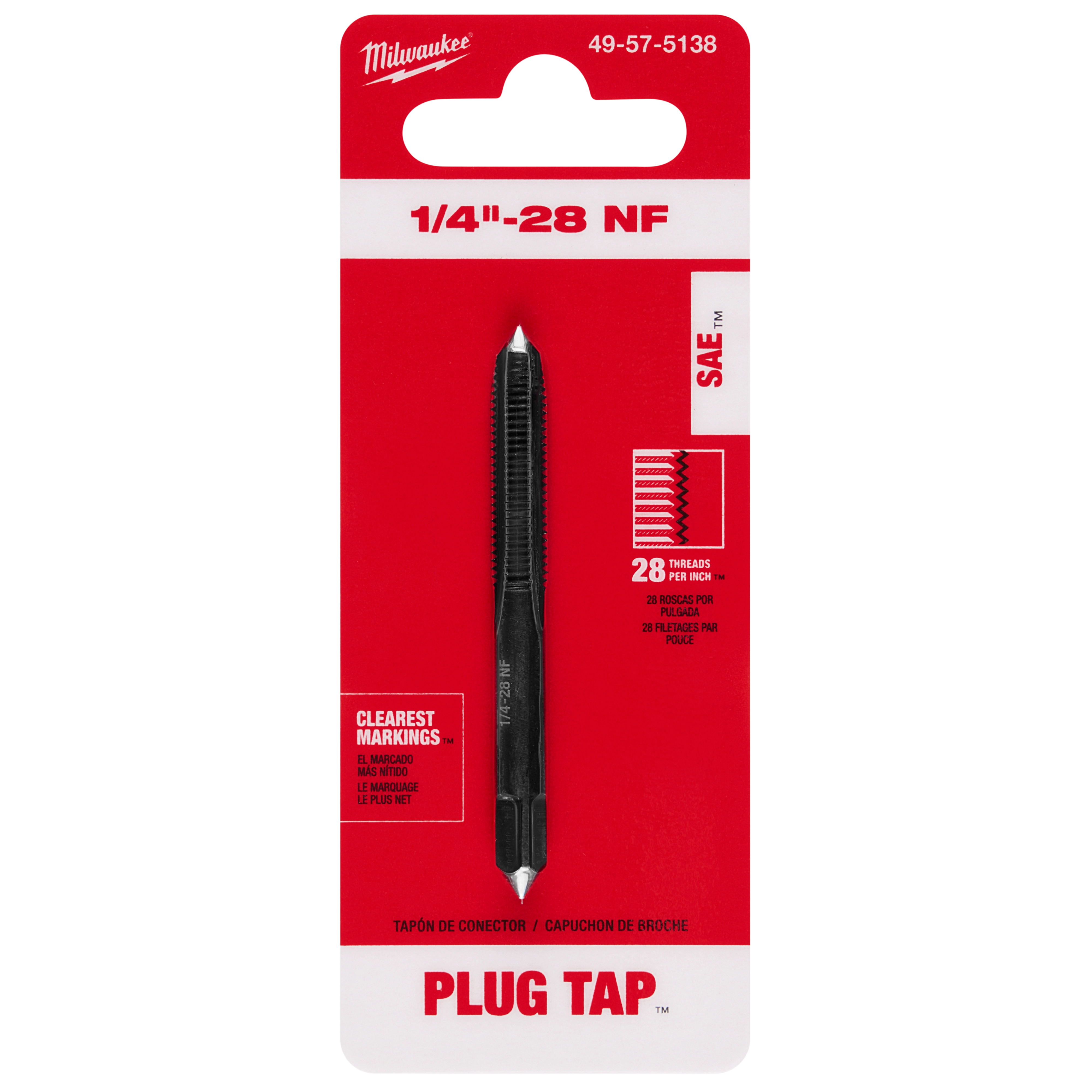 1/4"-28 NF Straight Flute Plug Tap in black, displayed on red and white packaging. Suitable for 28 threads per inch applications.