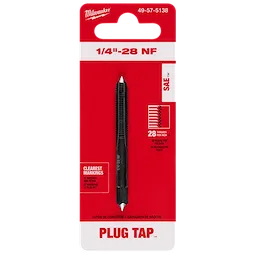 1/4"-28 NF Straight Flute Plug Tap in black, displayed on red and white packaging. Suitable for 28 threads per inch applications.