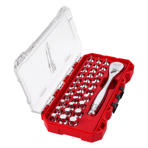 34pc 1/4” Drive Ratchet & Low-Profile Bit Socket Set in an open red case with organized sockets and a ratchet handle.