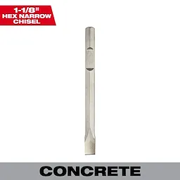 1-1/8 in. x 16 in. Steel Narrow Chisel for concrete, featuring a hexagonal shank, designed to fit rotary and demolition hammers.