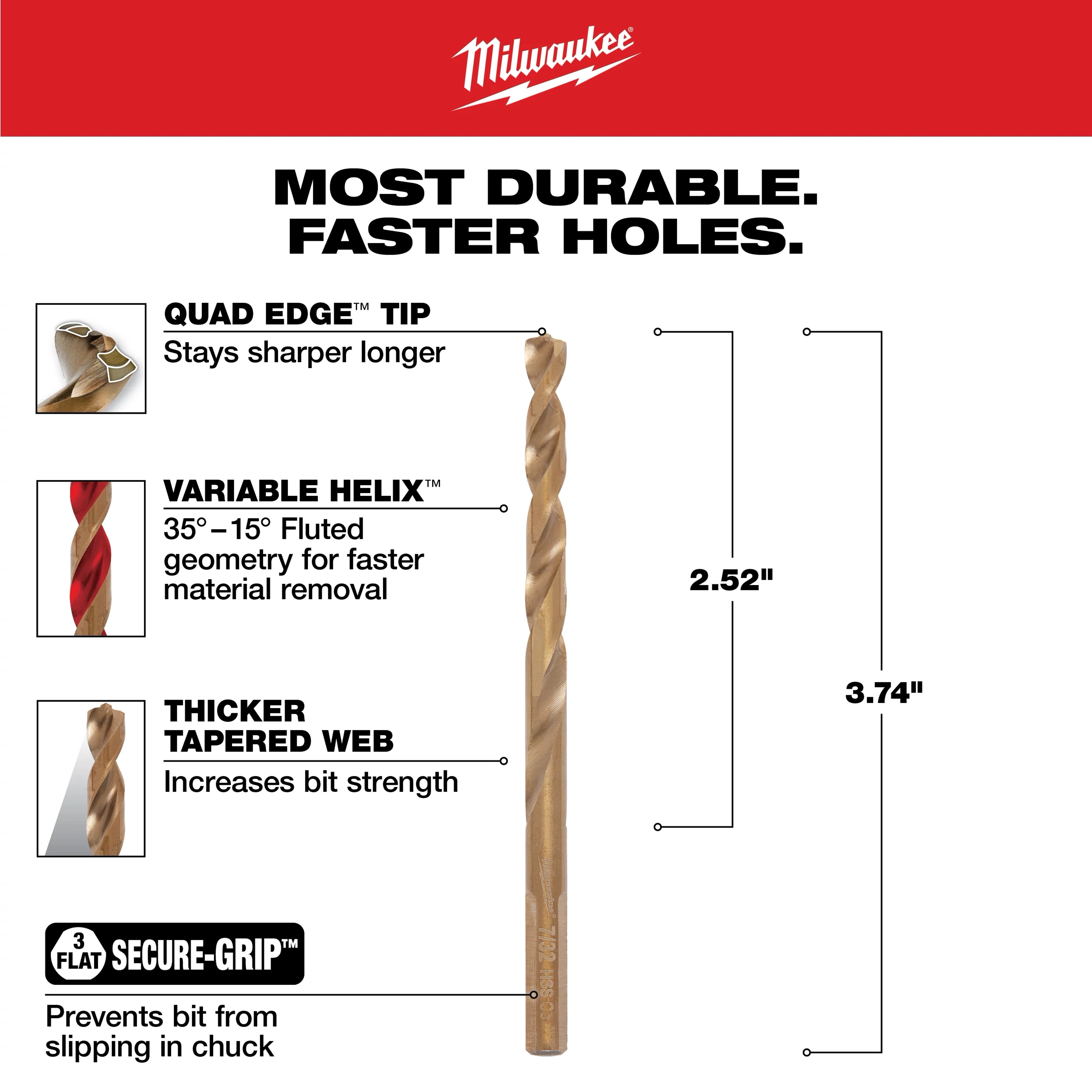Milwaukee 7/32 in. Cobalt Red Helix Twist Drill Bit features a Quad Edge tip for durability, a Variable Helix for faster material removal, and a thicker tapered web for increased bit strength. It measures 3.74 inches in length and includes Secure-Grip to prevent slipping in the chuck.