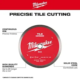 An image showing a Milwaukee tile cutting blade with annotations highlighting its features. The text describes the blade's continuous rim for precise finishes, high-quality diamonds for longer life in tile, and a solid steel core for controlled cuts. "PRECISE TILE CUTTING" is written above the blade.
