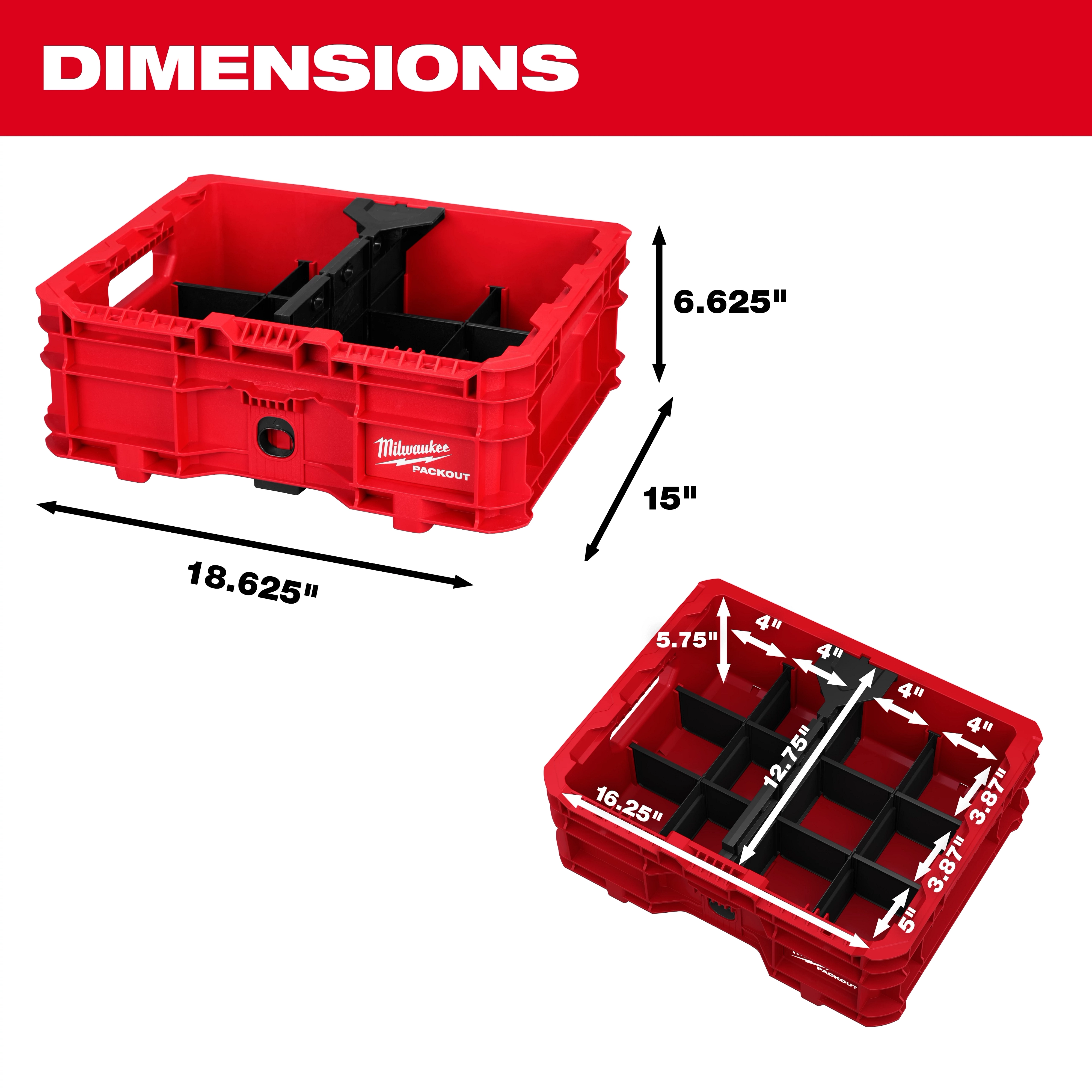 PACKOUT Low-Profile Crate shown from two angles with labeled exterior and interior dimensions.