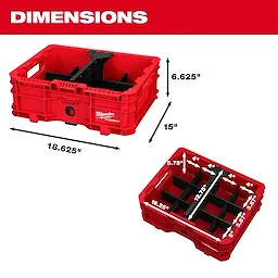 PACKOUT Low-Profile Crate shown from two angles with labeled exterior and interior dimensions.