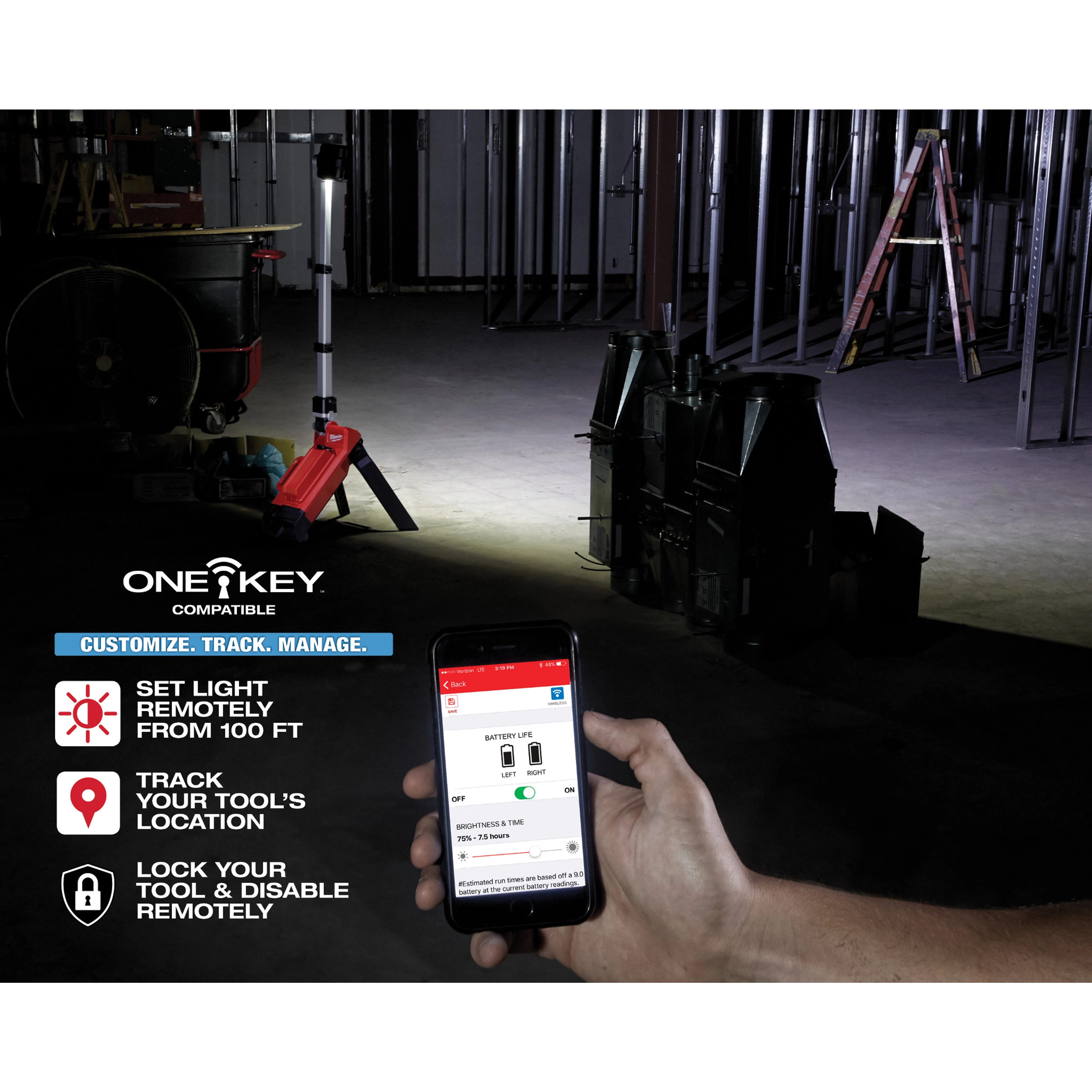 M18 ROCKET Dual Pack Tower Light with ONE-KEY in a dark industrial setting, controlled remotely via a mobile app.