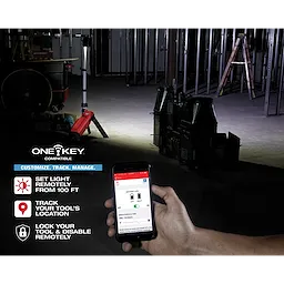 M18 ROCKET Dual Pack Tower Light with ONE-KEY in a dark industrial setting, controlled remotely via a mobile app.
