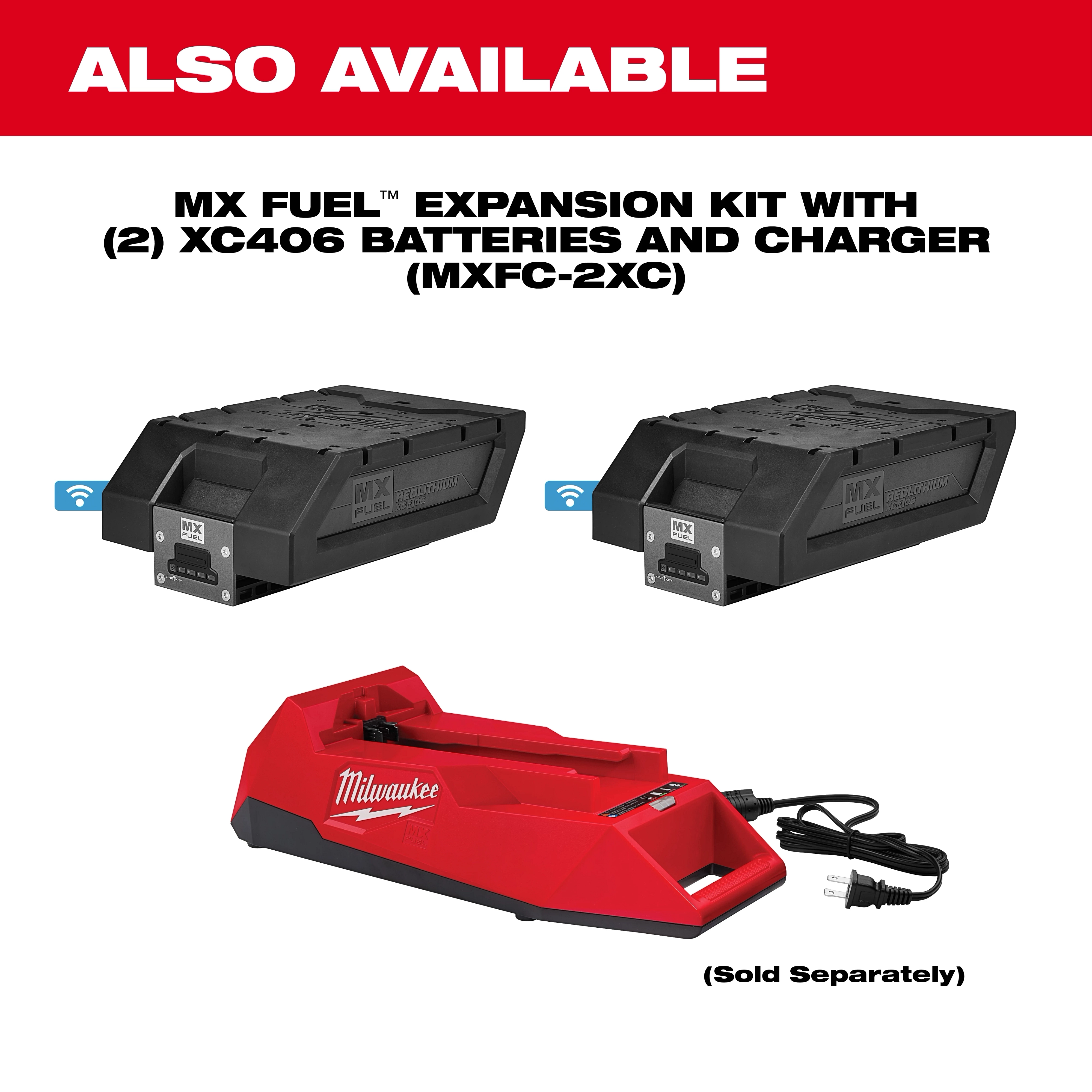 MX Fuel Expansion Kit with 2 XC406 batteries and charger (MXFC-2XC). Includes two batteries and a red charger, sold separately.