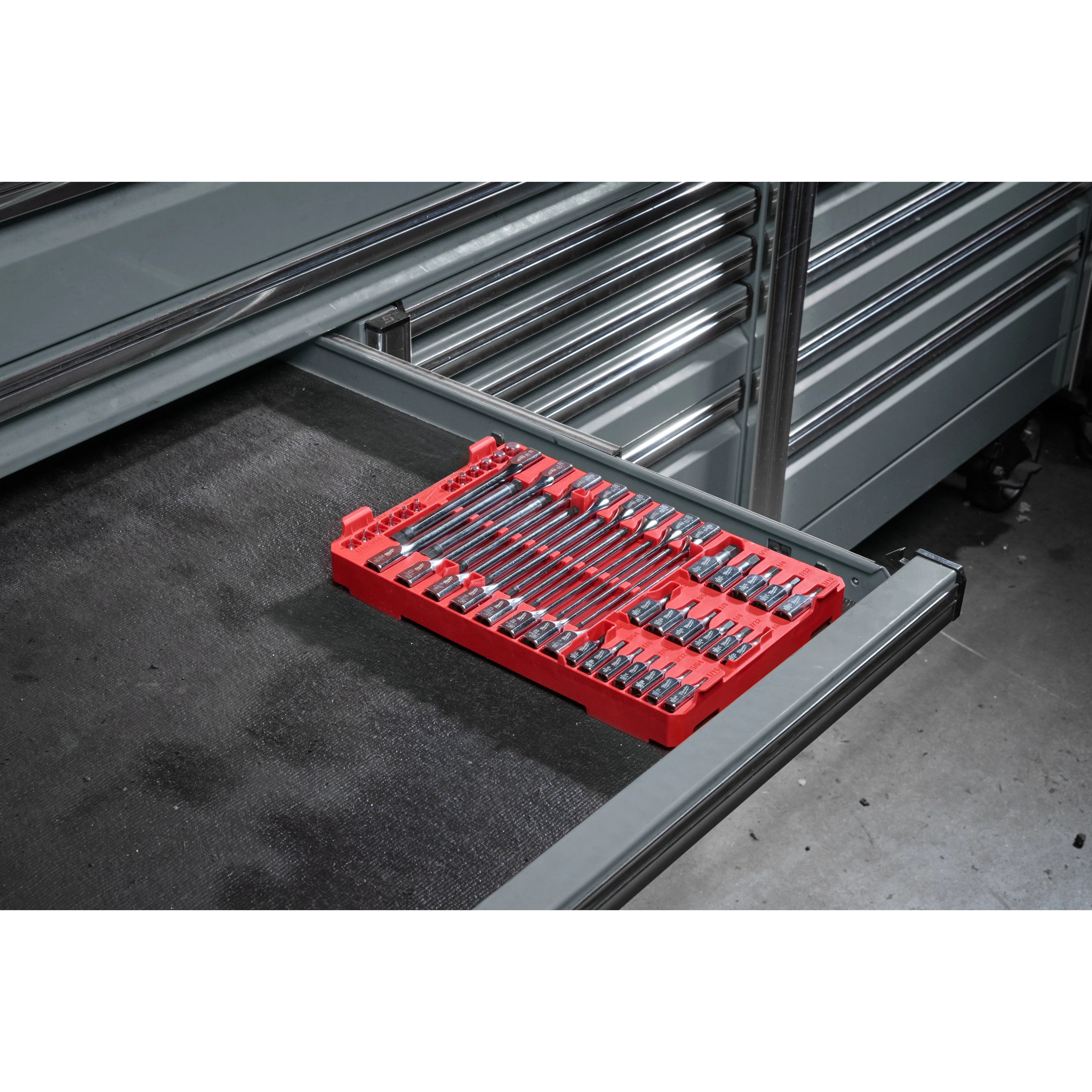 46pc 1/4” and 3/8” Drive SAE Bit Socket Set with PACKOUT Compact Low-Profile Organizer in an open tool drawer.