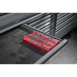 46pc 1/4” and 3/8” Drive SAE Bit Socket Set with PACKOUT Compact Low-Profile Organizer in an open tool drawer.