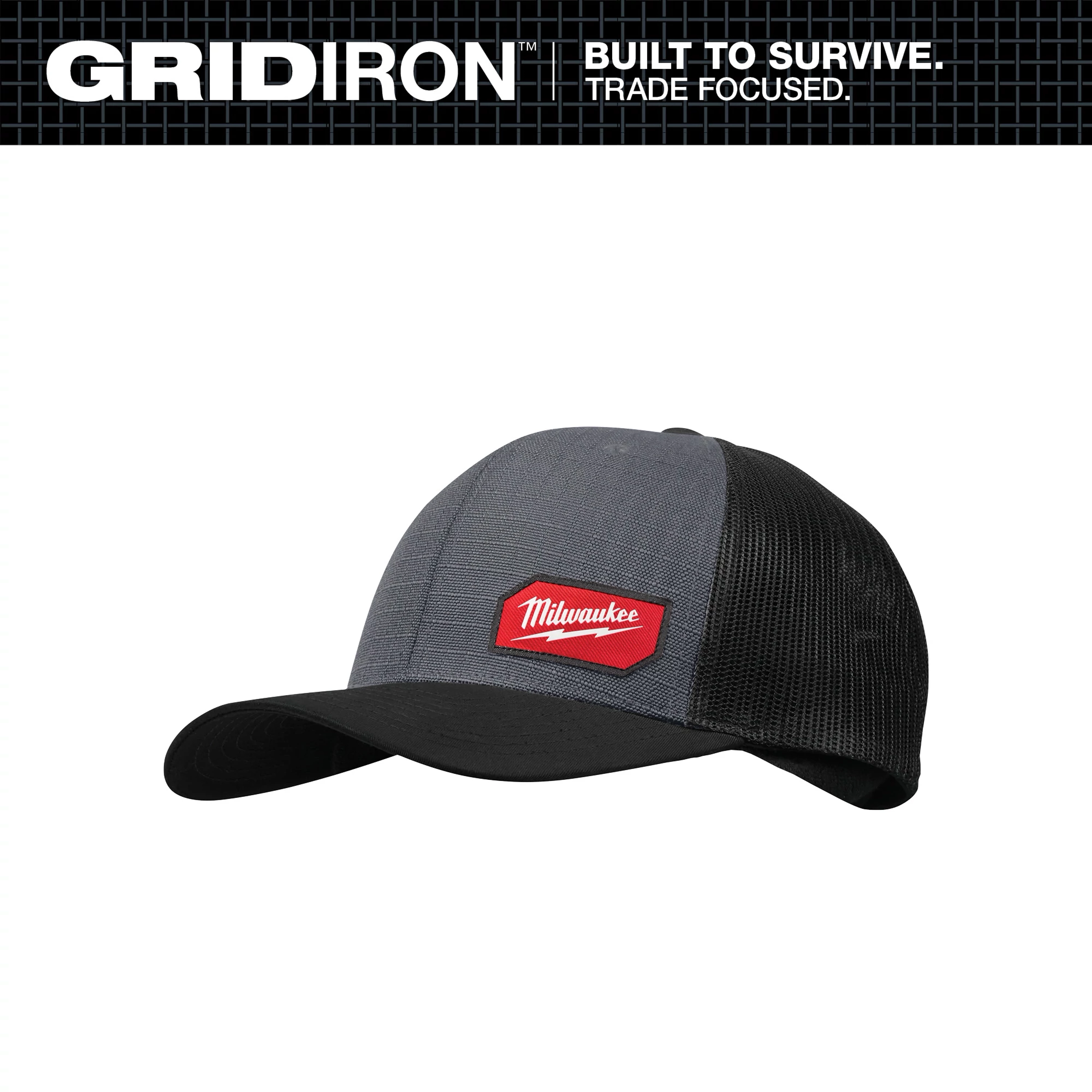 GRIDIRON Snapback Trucker Hat - Gray features a gray front panel, black mesh back, and a red Milwaukee logo patch on the front.