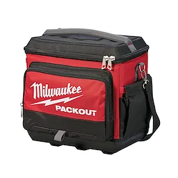 Milwaukee PACKOUT Soft-Sided Cooler with red and black design, carrying handle, front pocket with logo, and side compartments.