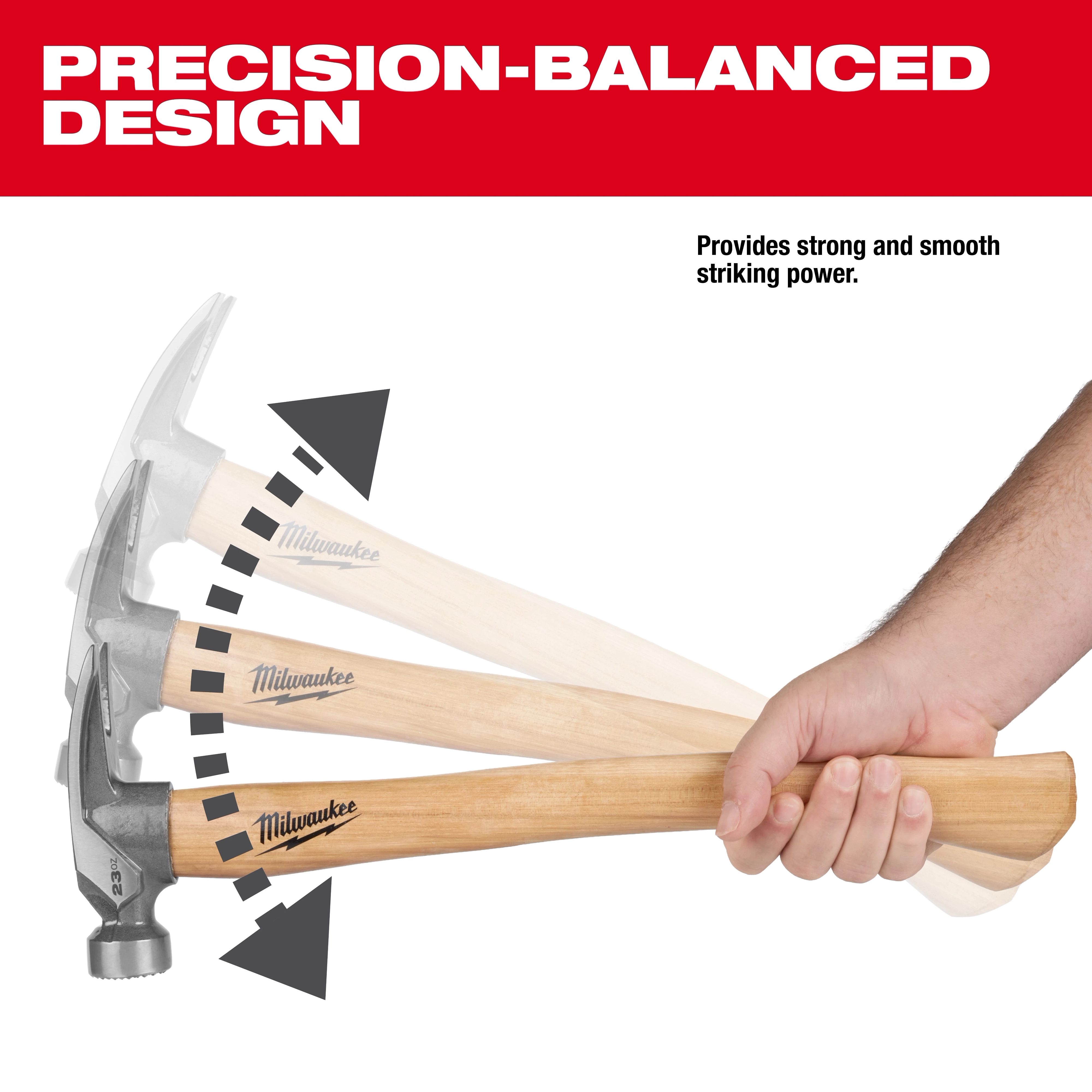 23oz Milled Face Hickory Handle Framing Hammer shown in multiple angled positions with text about precision-balanced design.