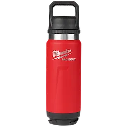 Milwaukee PACKOUT 24oz Insulated Bottle with Chug Lid is a red, stainless steel bottle featuring a black handle and lid.