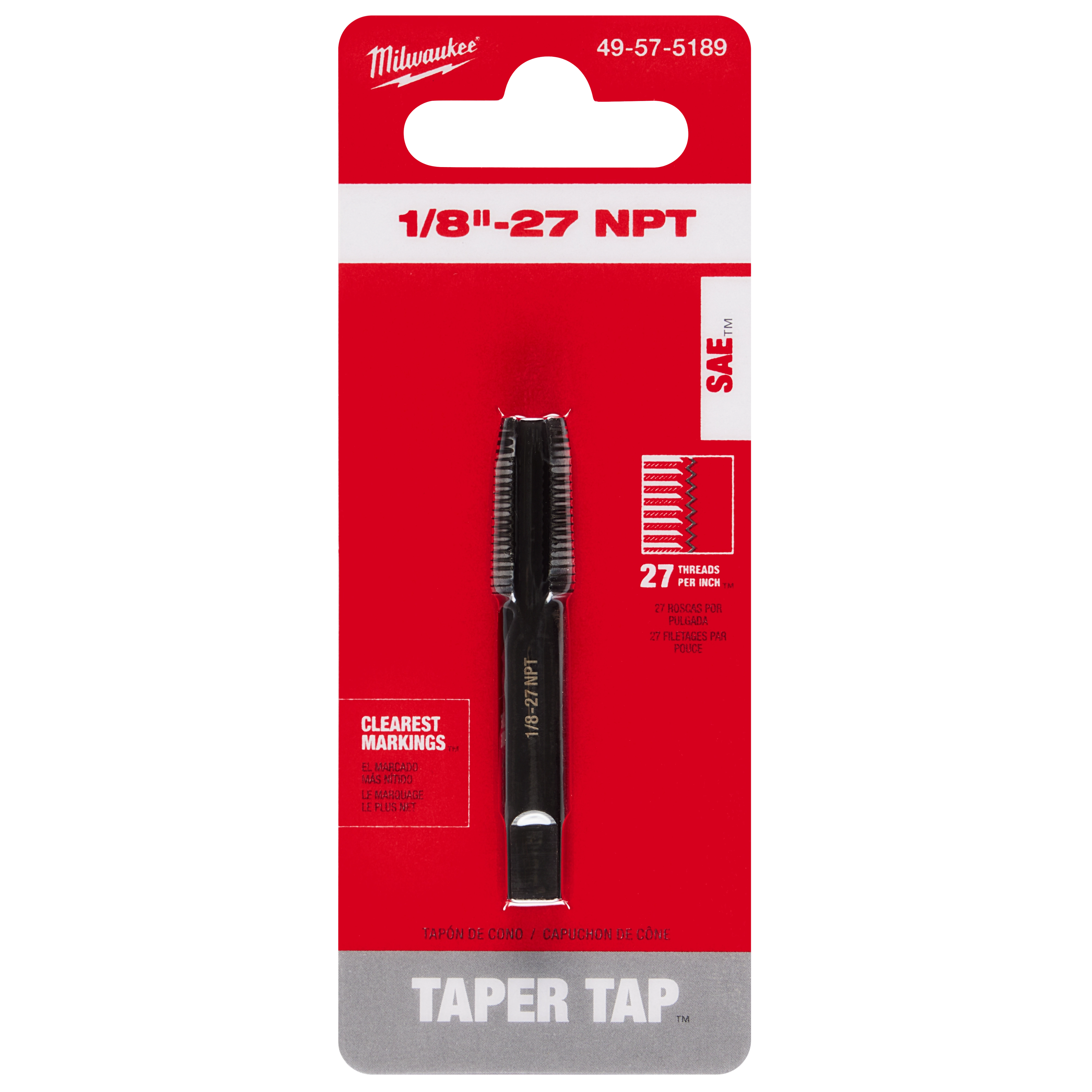 1/8"-27 NPT Straight Flute Taper Tap, single tap in black finish, packaged on a red card with white lettering and product details.