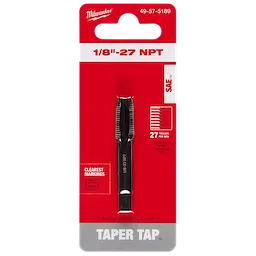 1/8"-27 NPT Straight Flute Taper Tap, single tap in black finish, packaged on a red card with white lettering and product details.