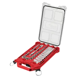 A red tool case with a transparent lid, containing various socket wrenches and a ratchet handle neatly arranged inside. The case is open, displaying the tools. It has latches and a handle for portability.