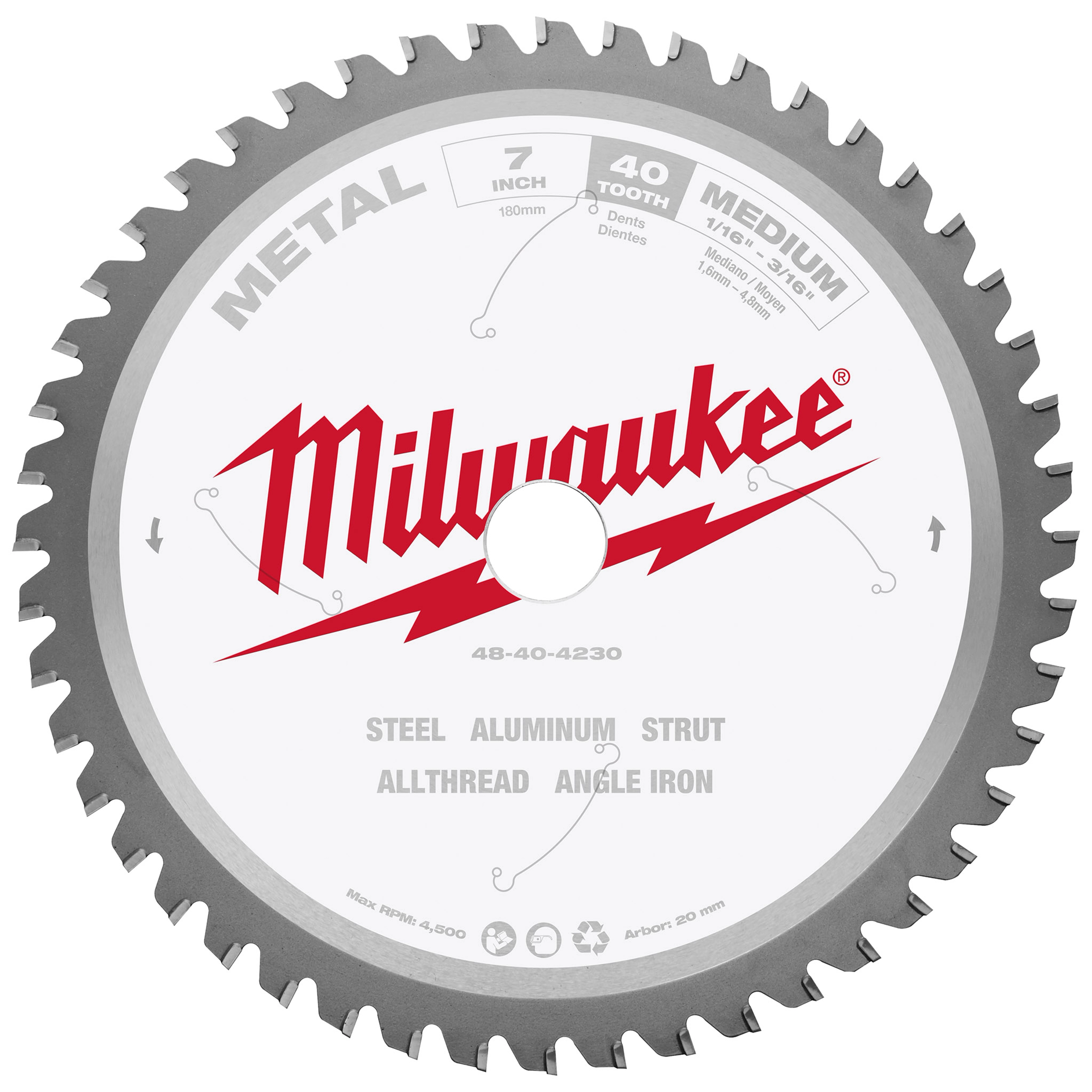 Milwaukee 7-inch, 40-tooth metal cutting circular saw blade for cutting steel, aluminum, strut, all-thread, and angle iron.