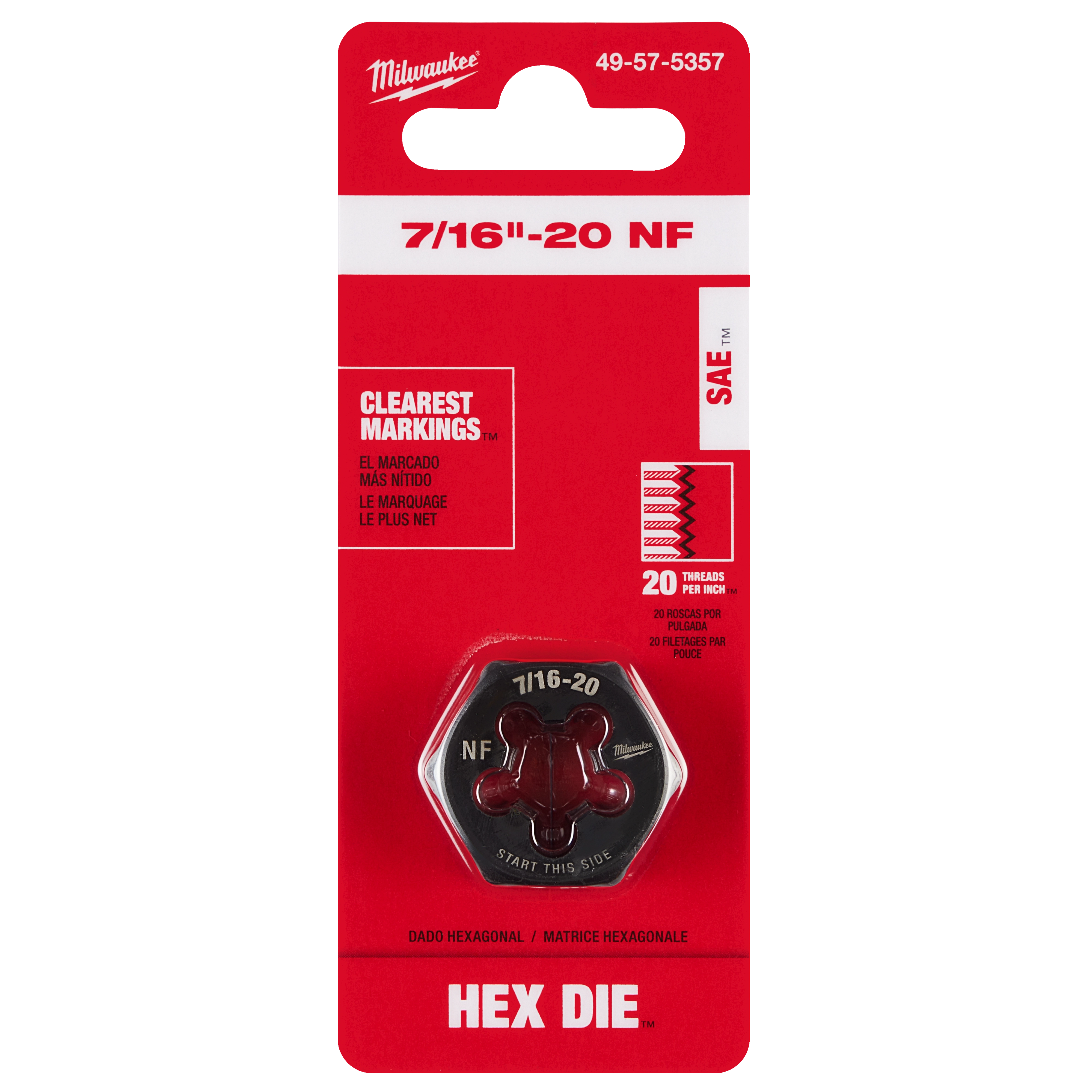 7/16"-20 NF 1-Inch Hex Threading Die in black with white markings, packaged in a red and white card, featuring clear threading details.