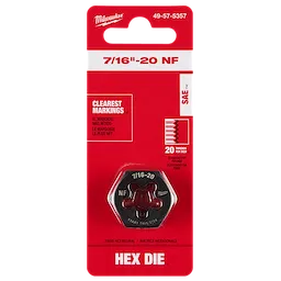 7/16"-20 NF 1-Inch Hex Threading Die in black with white markings, packaged in a red and white card, featuring clear threading details.