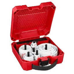 Red plastic case containing the 17-PC ELECT. HOLE DOZER HS KIT. Visible hole saw sizes range from small to large, organized neatly.