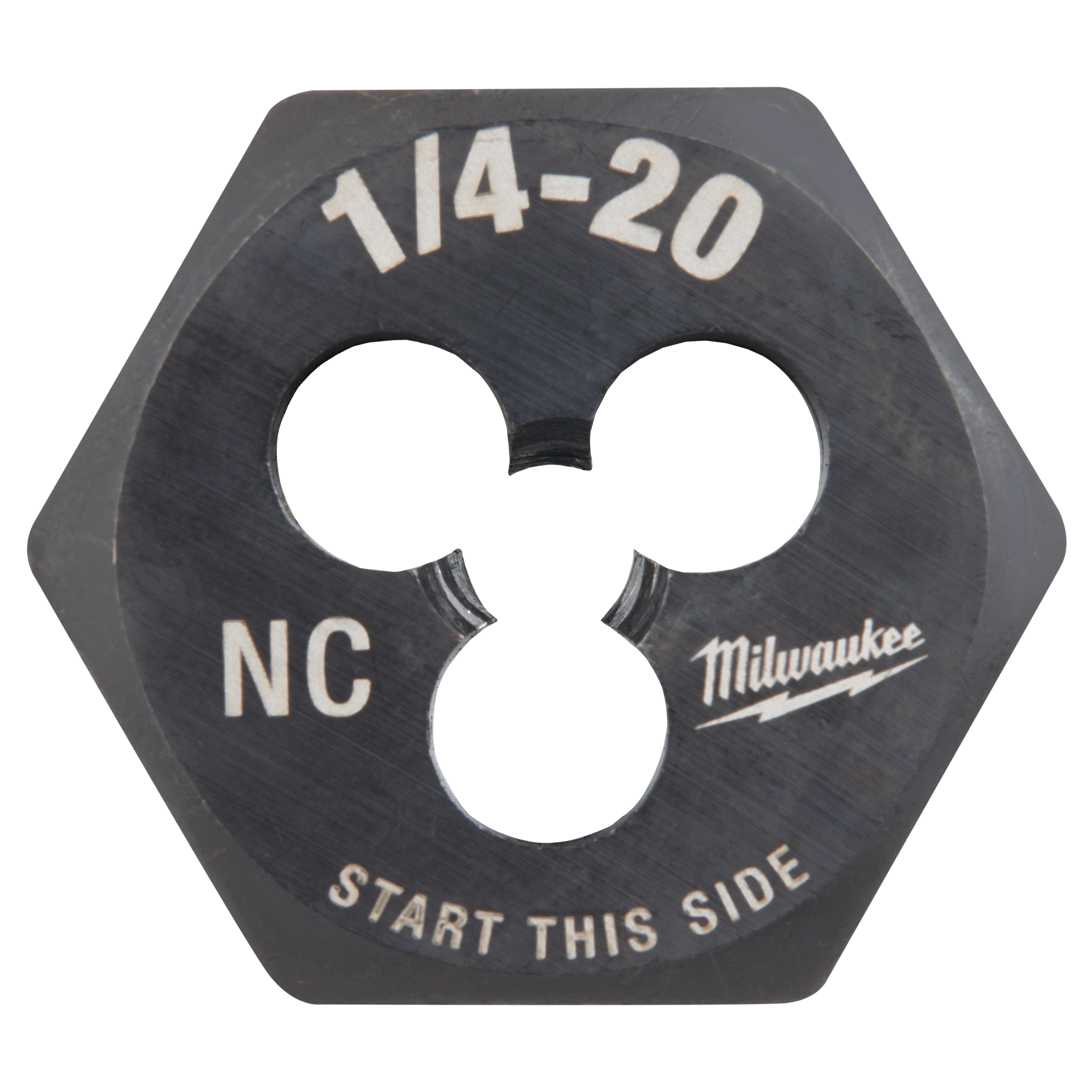 1/4"-20 NC 1-Inch Hex Die with three holes and markings including NC, "Start This Side," and a lightning bolt logo.
