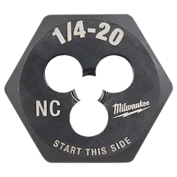 1/4"-20 NC 1-Inch Hex Die with three holes and markings including NC, "Start This Side," and a lightning bolt logo.