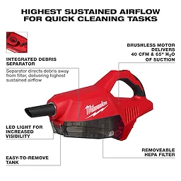 Milwaukee M18 Brushless Handheld Vacuum features high airflow, debris separator, LED light, removable tank, and HEPA filter.