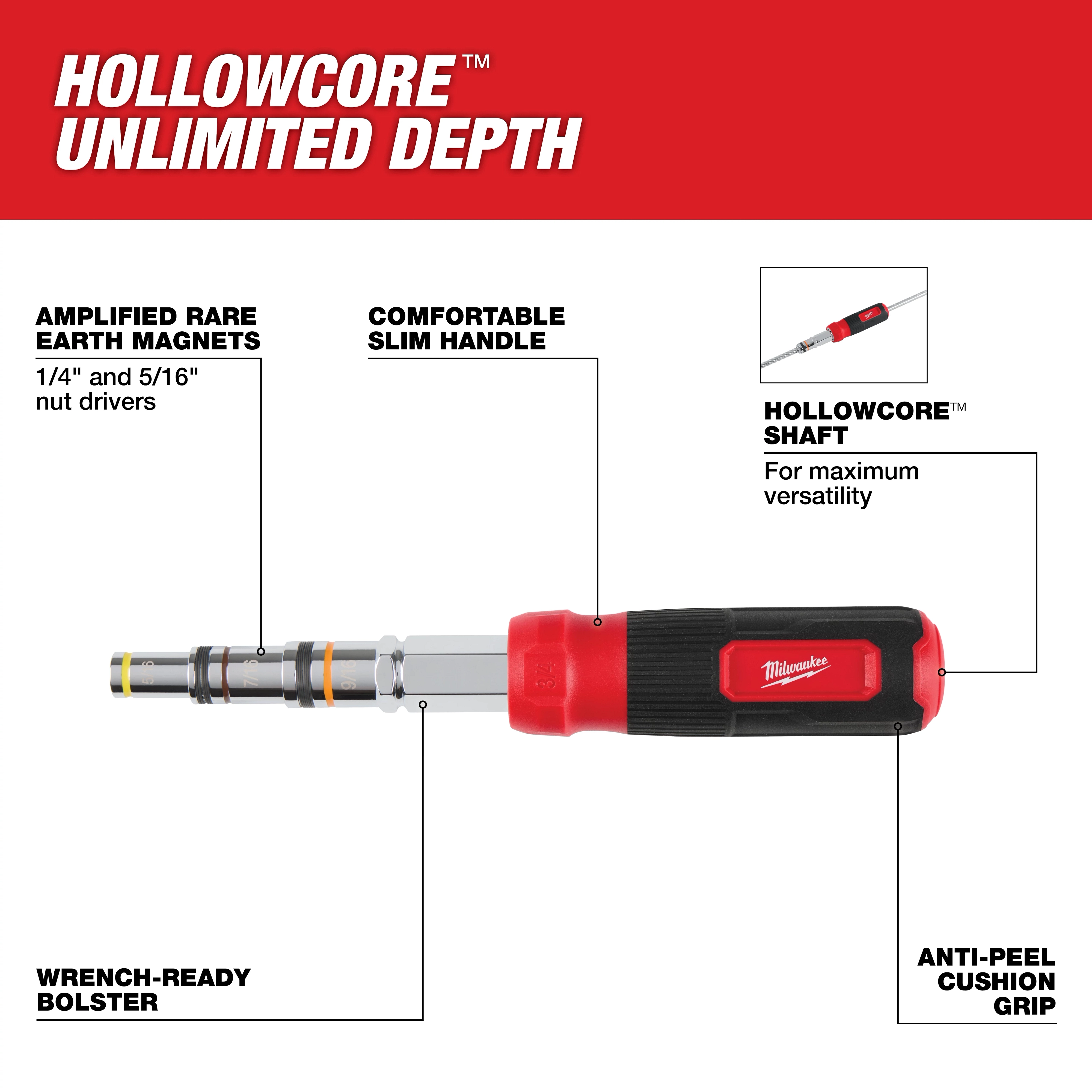 7-IN-1 HollowCore Multi-Nut Driver with amplified rare earth magnets, a comfortable slim handle, HollowCore shaft, wrench-ready bolster, and anti-peel cushion grip.