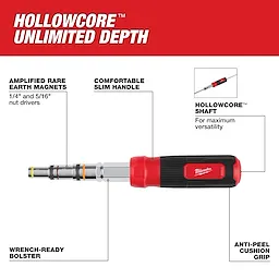 7-IN-1 HollowCore Multi-Nut Driver with amplified rare earth magnets, a comfortable slim handle, HollowCore shaft, wrench-ready bolster, and anti-peel cushion grip.